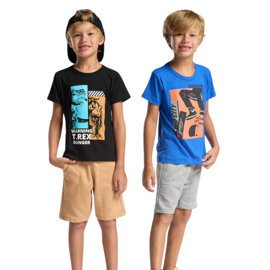 Kit 2 Blusa 2 Bermuda Conjunto Roupa Infantil Verão Sortido Menino Algodão Tecido Premium Criança