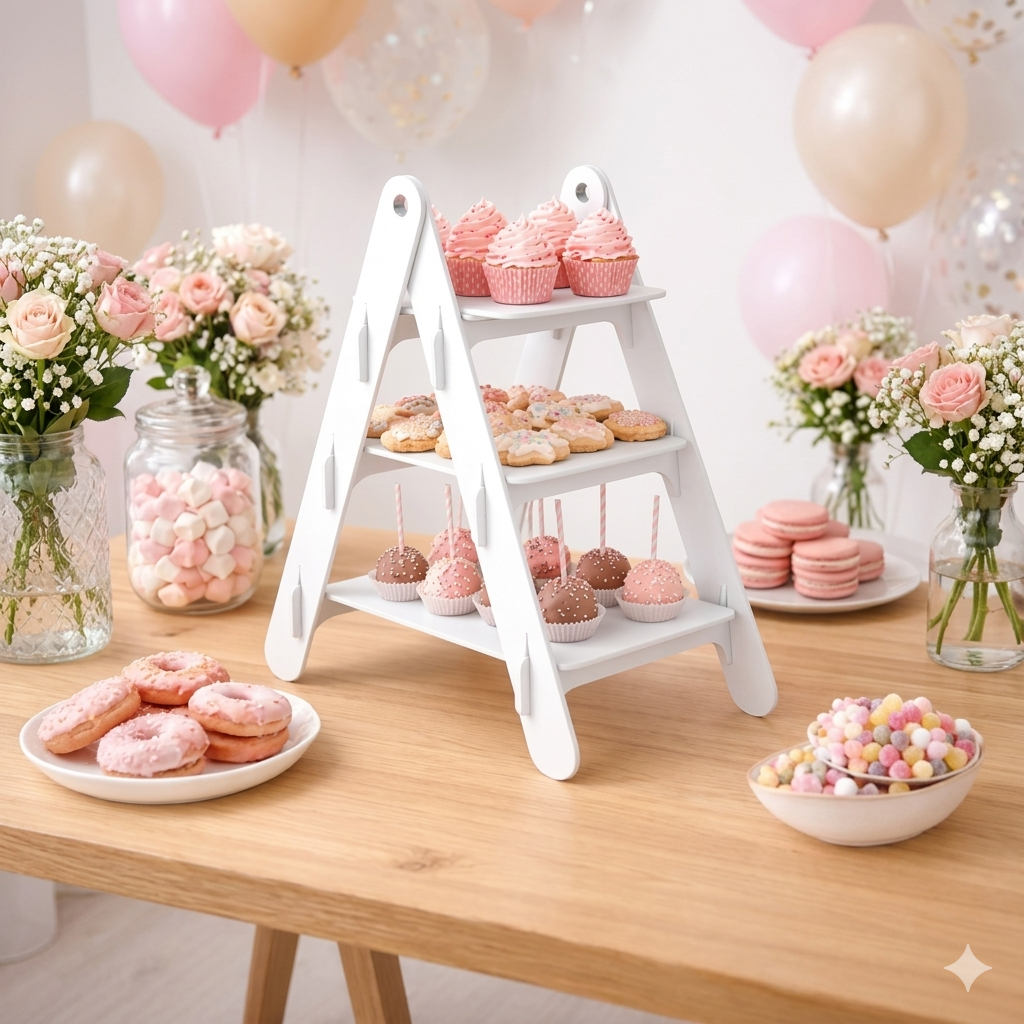 Escadinha De Doce Bandeja Festa Decoração Enfeite Provençal Em MDF Cru/ Branco