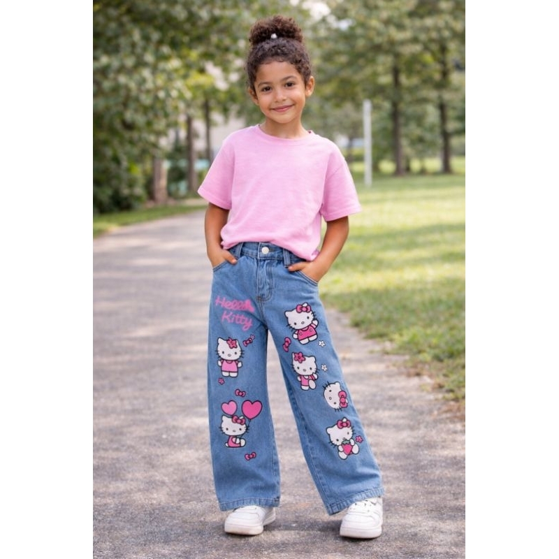 Calça Jeans Wide Leg Infantil Personagem Menina Cintura Ajustável Confortável Moda Kids em Oferta na Shopee
