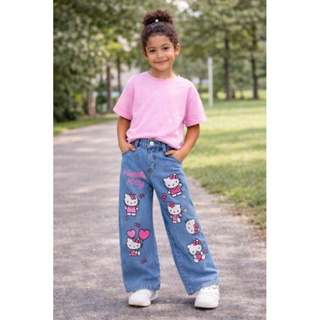 Calça Jeans Wide Leg Infantil Personagem Menina Cintura Ajustável Confortável Moda Kids em Oferta na Shopee