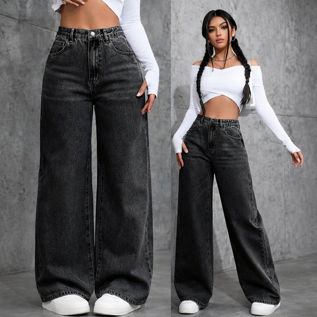Calça Jeans Wide Leg Marmorizada Grafite Cintura Alta Levanta Bumbum 34 ao 46 Perna Larga Pantalona