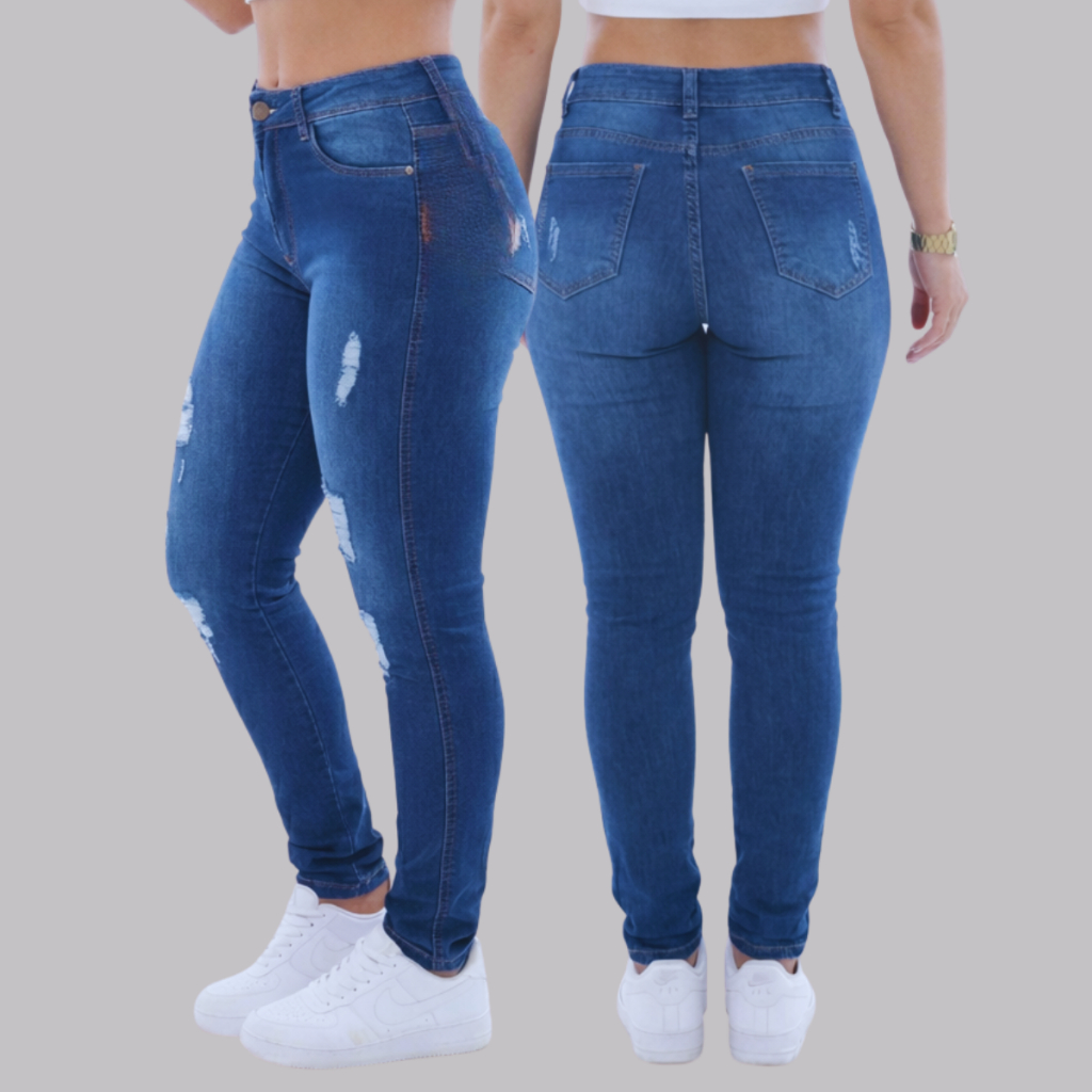 Calça Feminina Jeans Skinny Levanta Bumbum Cintura Alta Justinha Destroyed