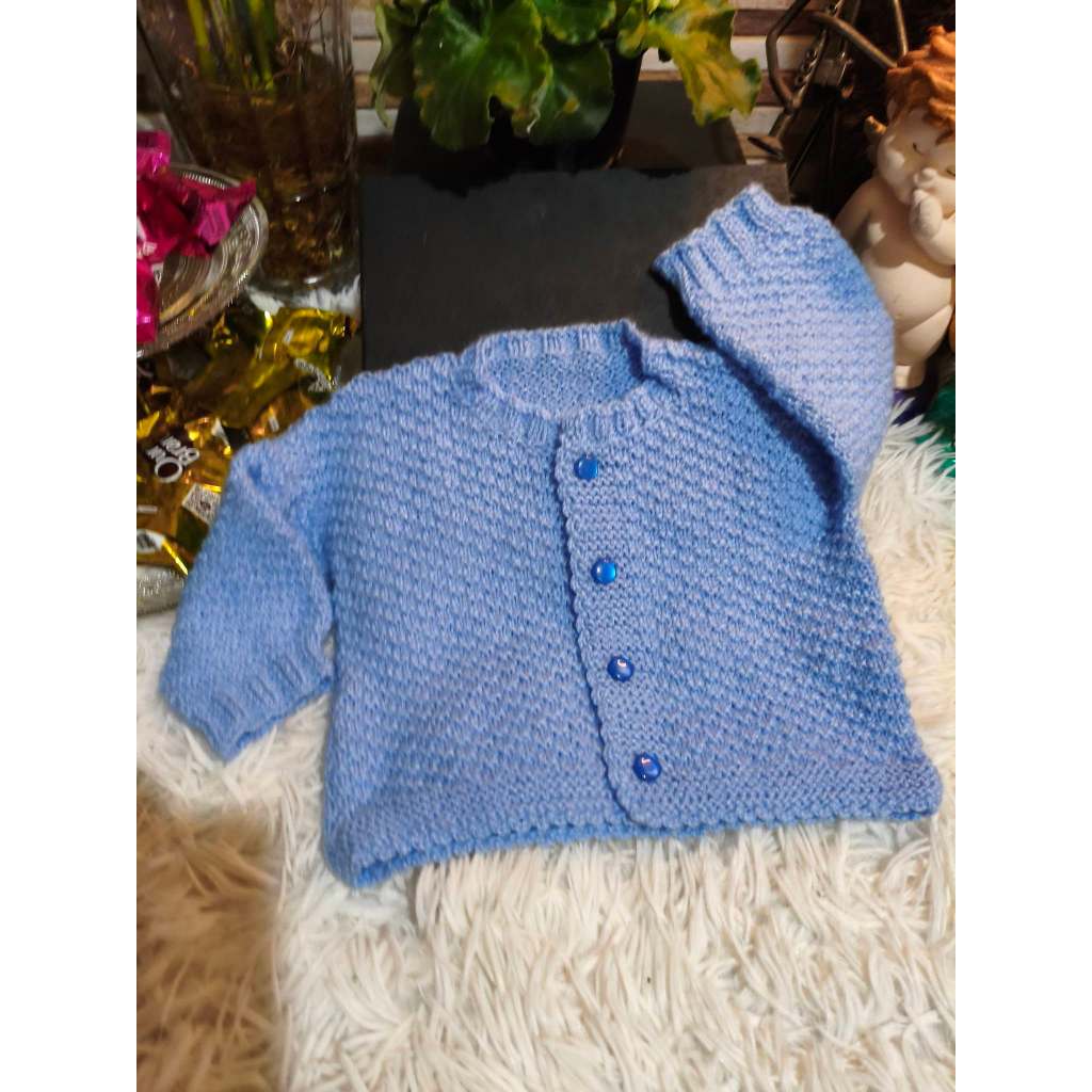 Casaquinho Bebê Masculino, Manga Longa,  Fio de lã, Cor: Azul , Tam: 0 a 3 Meses, Marca: Bauerbauer