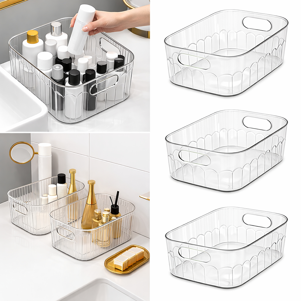 Kit Caixa de Armazenamento Decorativa Transparente Com Alça Organizador Banheiro Cozinha Multiuso em Oferta na Shopee
