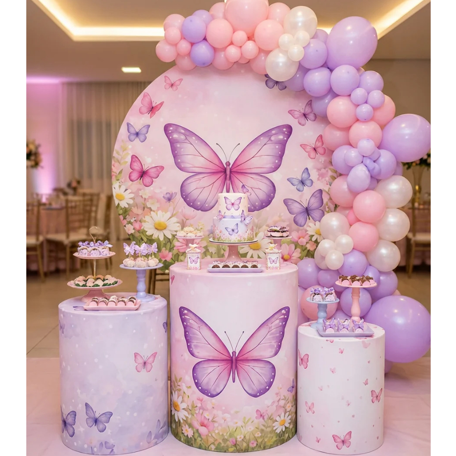 Kit Capa Painel Redondo + Capas Cilindros Jardim Das Borboletas Decoração Infantil Bibi Paineis New