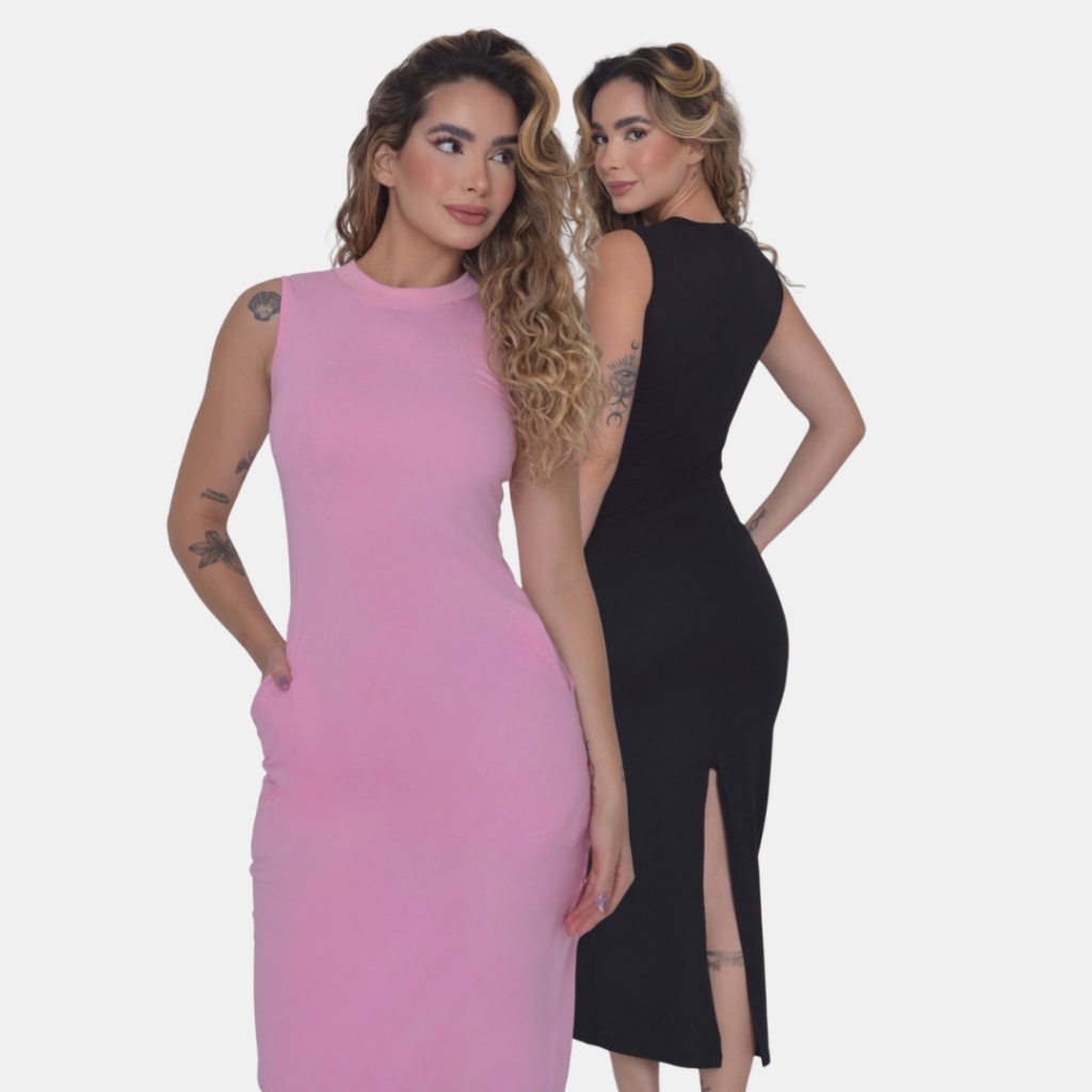 Vestido Feminino Longo Cavado em Algodão Soltinho com Bolsos Laterais Moda Blogueira Gola Ribana em Oferta na Shopee