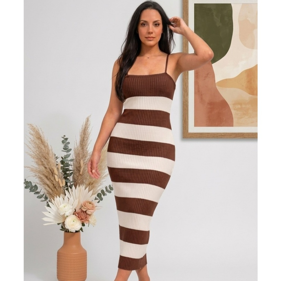 Vestido tricot Modal listrado Trançado nas Costas Canelado Costa Nua Verão em Oferta na Shopee