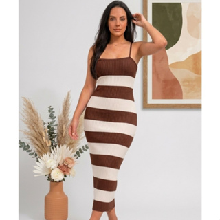 Vestido tricot Modal listrado Trançado nas Costas Canelado Costa Nua Verão em Oferta na Shopee