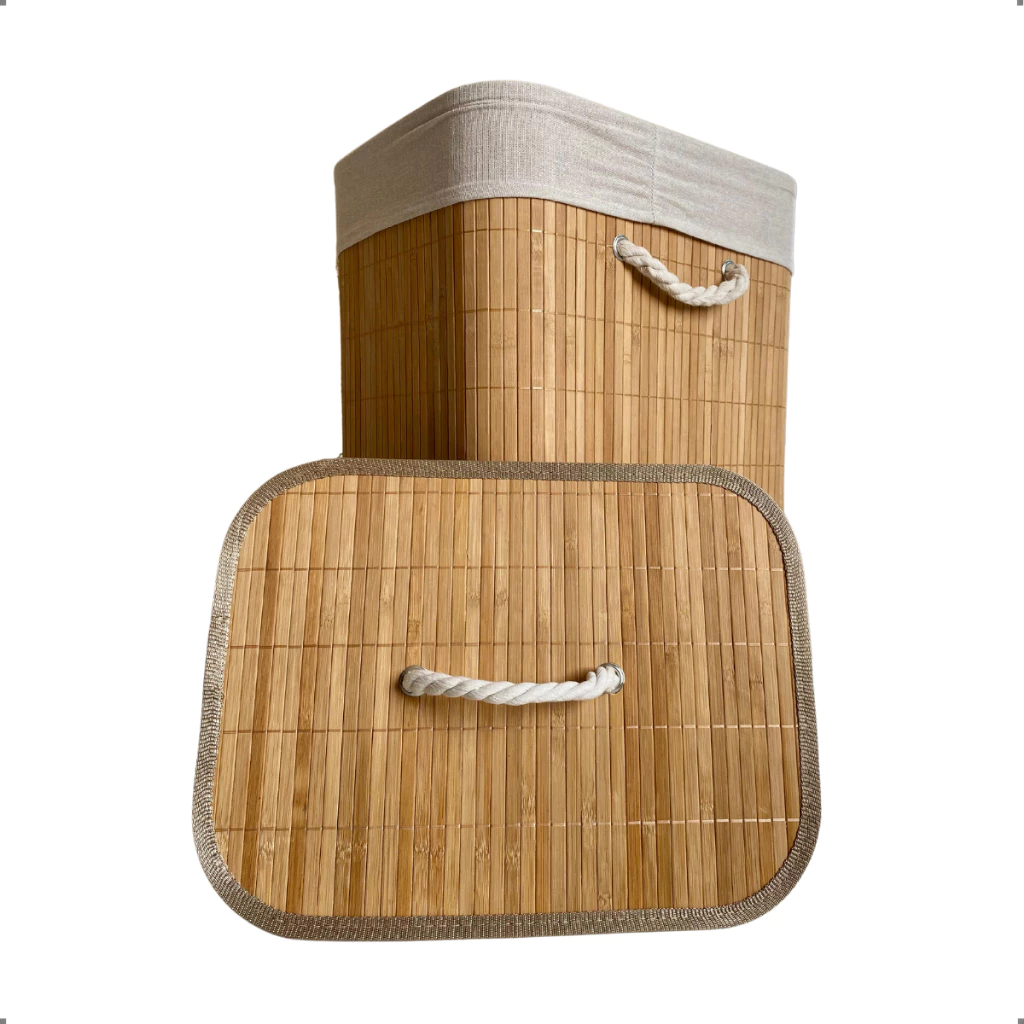 Cesto Roupa Bambu Retangular Redondo Com Tampa Cesto Oraganizador Roupa Suja Alças Banheiro Bege 72 LITROS