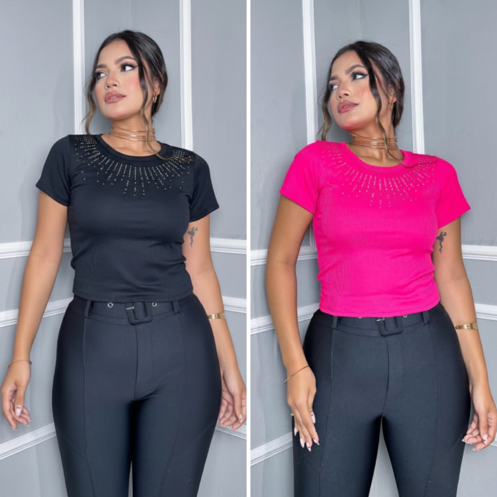 Blusa Cropped Feminina Canelada Brilho Strass Manga Curta Justa Moda Feminina Elegante