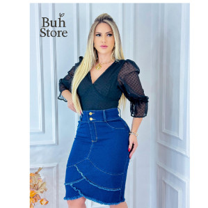 Saia Jeans Evangélica com Lycra | Com Babado e Cintura Alta Longa Lavagem Escura | Buh Store