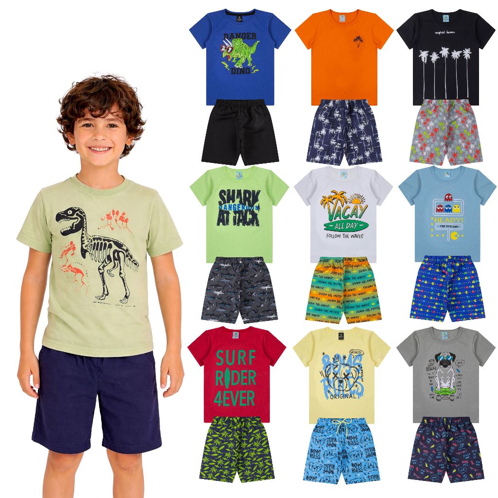 Kit 6 Conjuntos Infantis Menino 12 Peças 6 camisetas + 6 Bermudas Estampas Diversas