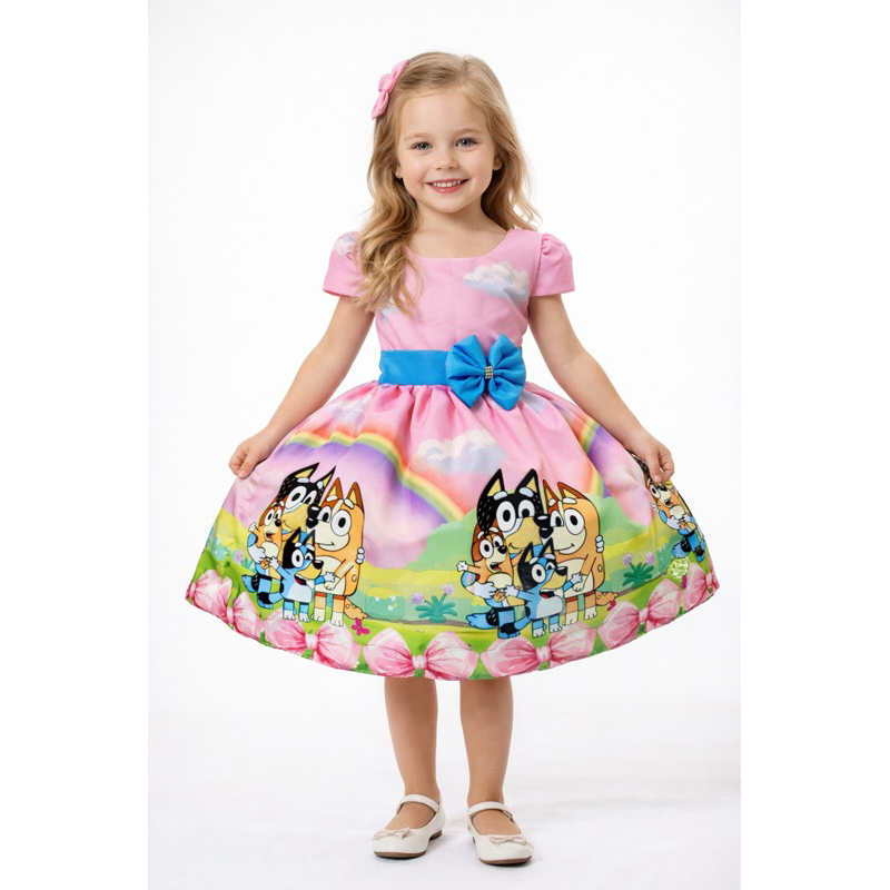Vestido temático infantil menina festa bluey bingo aniversário passeio