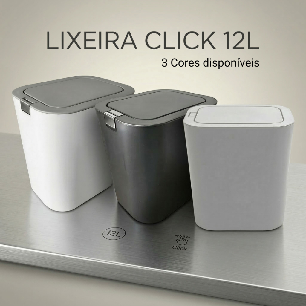 Lixeira 12 Litros Tampa Click Abre Automática Banheiro Lavabo Cozinha Escritório