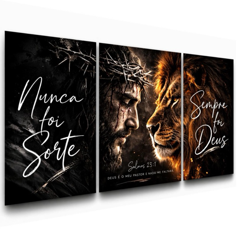 Quadro Decorativo Arte Jesus e Leão De Judá Nunca Foi Sorte Sempre Foi Deus Grande 122x60 3 Peças Para Sala Quarto