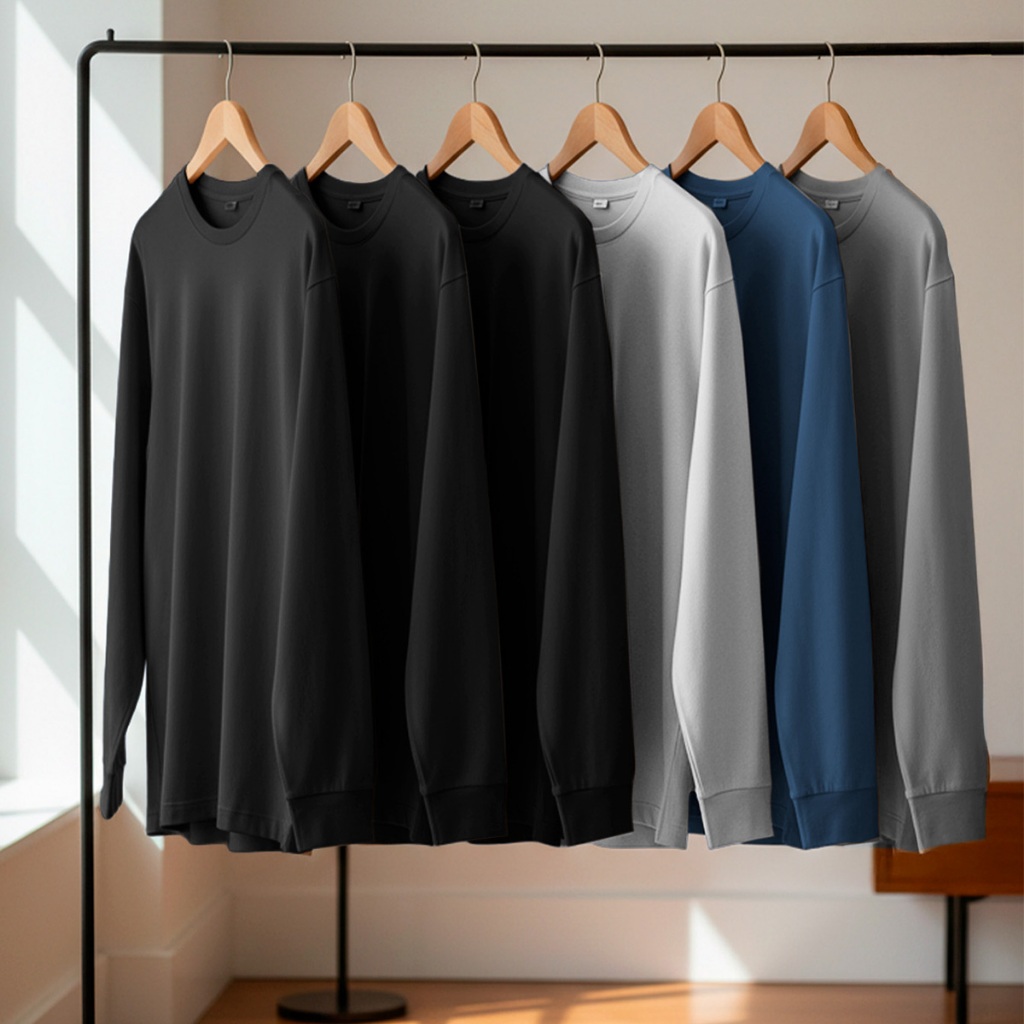Kit 4, 6 ou 8 Camisetas Manga Longa 100% Algodão Masculina Lisa Slim Premium Com Punho Gola Redonda Frio Manga Comprida