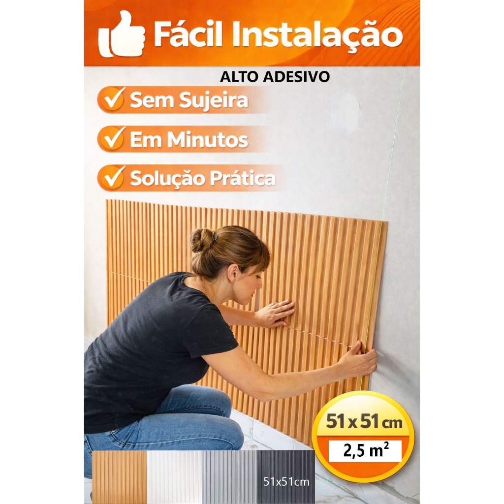 2,5 m² Kit C/ 10 Placas 3d 51x51 (alto adesivo) Revestimento Parede Alto Relevo Painel 3d Ripado 2,5 m²