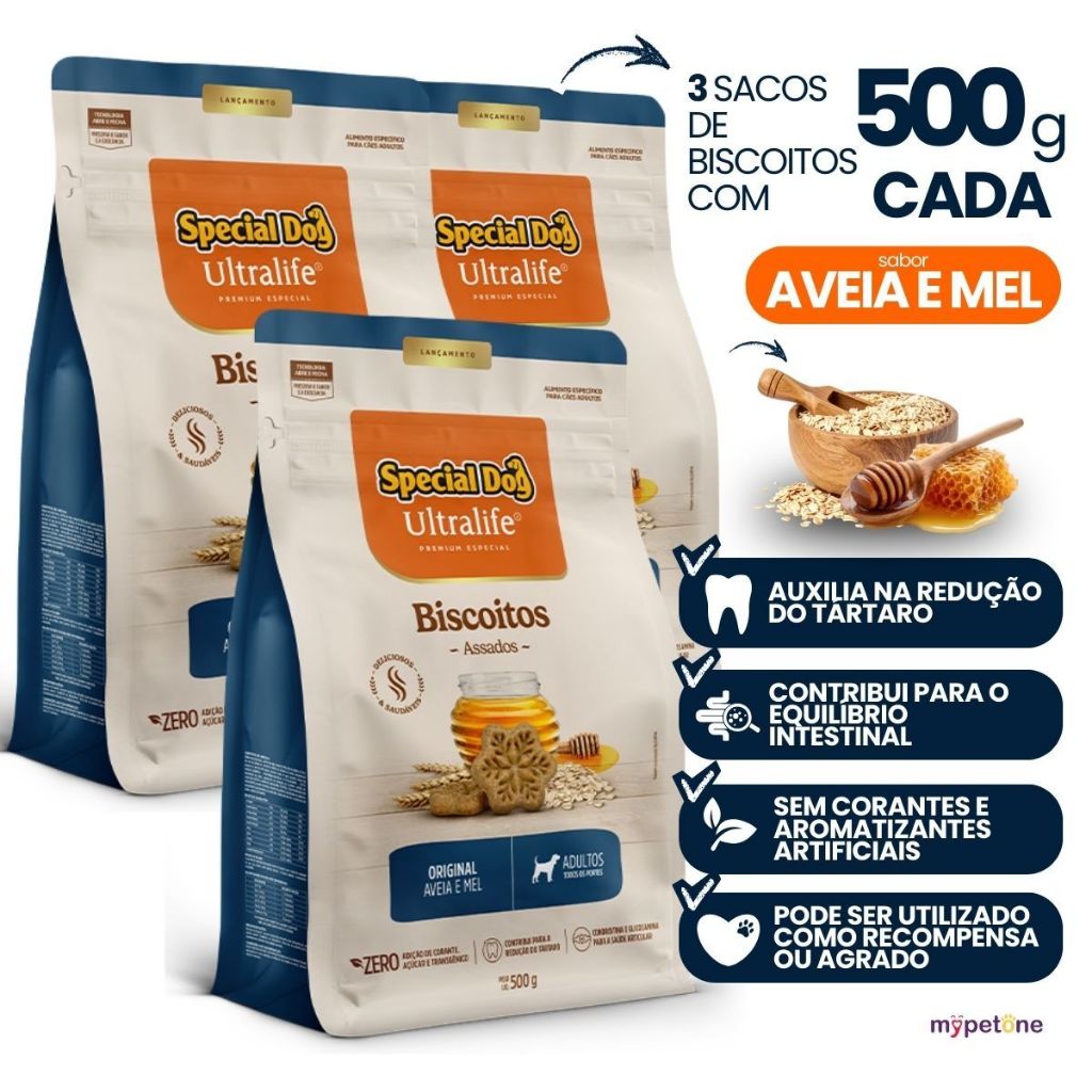 3 Biscoito Special Dog Ultralife para Cães Adultos Aveia e Mel 500g Petisco Nutritivo para Cachorro
