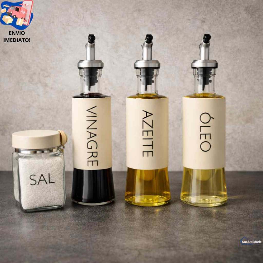 Azeiteiro Vinagreiro Óleo E Saleiro Colher Vidro Inox e Bambu Galheteiro Completo 4 Porta Condimentos Sal Azeite Vinagre