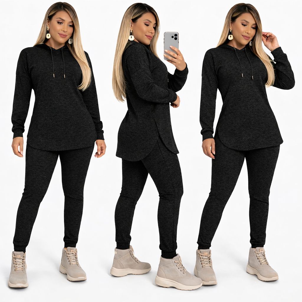 Conjunto casual mais vendidos Lanzinha com Bolso e touca com cordão punho moda feminina outono inverno festa em Oferta na Shopee