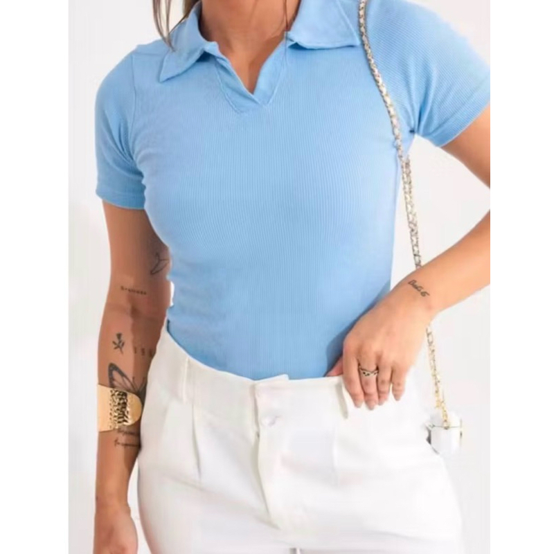 BLUSA GOLA POLO MODA FEMININA BÁSICO CASUAL SOCIAL TRABALHO RIBANA ALGODÃO MANGUINHA VERÃO DIA A DIA ELEGANTE FACULDADE