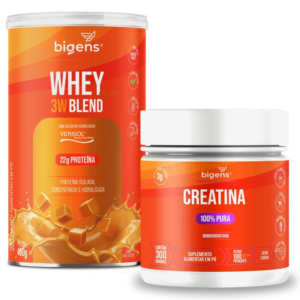 Kit Performance Whey Doce de Leite 3W 450g + Creatina Monohidratada 100% Pura - 300g - Bigens em Oferta na Shopee