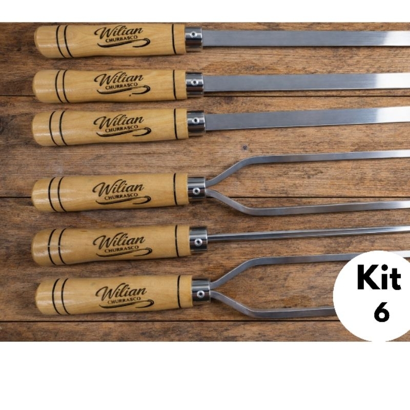 Kit 6 Espetos Churrasco Profissional Alumínio 6 Peças Cabo Madeira Resistente