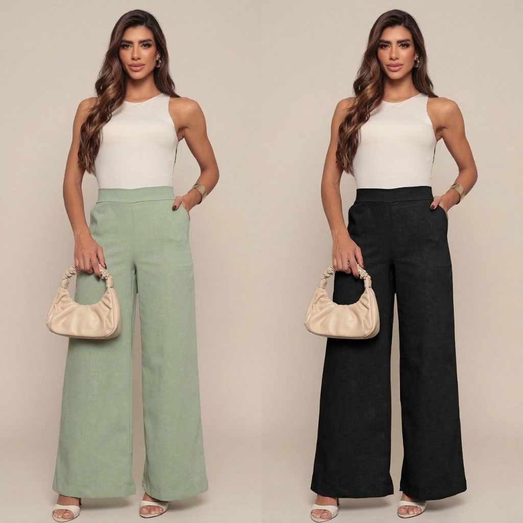 Calça Pantalona Alfaiataria Linho Social Feminina Cintura Alta Modelagem Solta