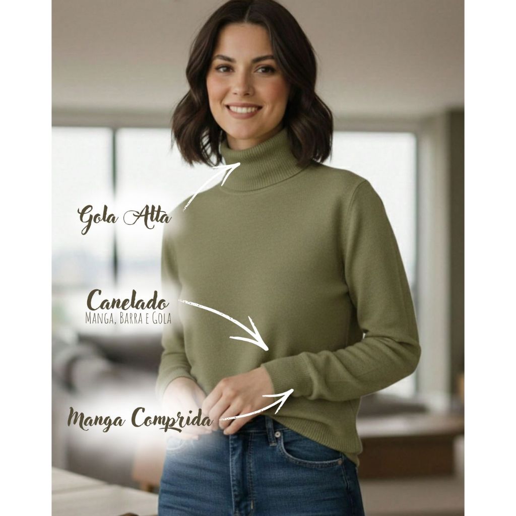 Blusa Cacharrel Feminina Tricot Canelada Suéter Gola Alta Manga Comprida Térmico Outono Inverno