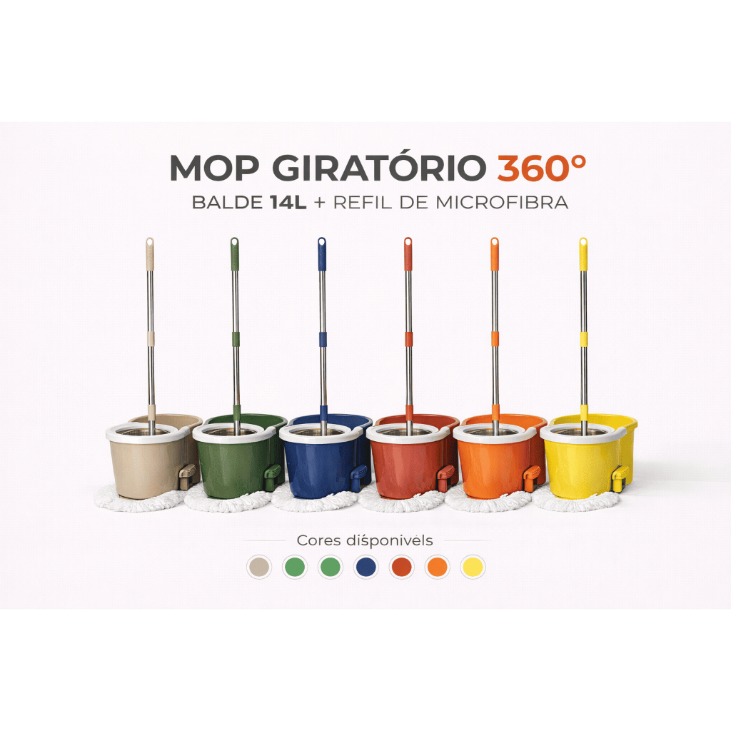 Mop Giratório 360° com Balde 14L + Refil de Microfibra Lavável | Limpeza Prática