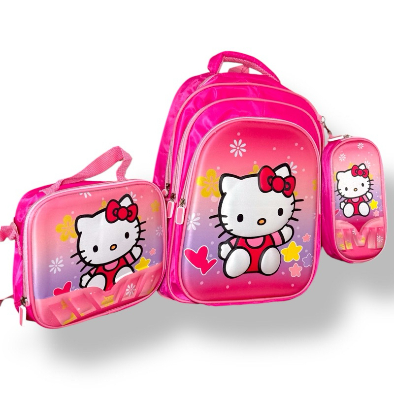 Kit Mochila Escolar Infantil Hello Kitty Kit mochila grande Costas Lancheira Térmica e Estojo 3D