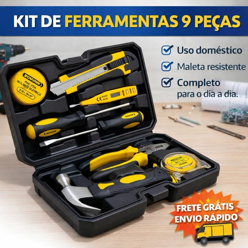 Kit Ferramentas Resistente 9 Peças Completo com Maleta  – Martelo Alicate Chaves Uso Profissional em Oferta na Shopee