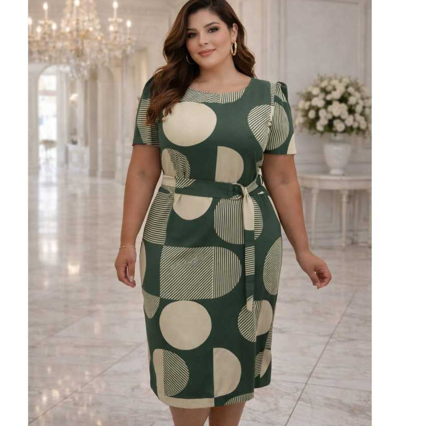 Vestido Midi Feminino Plus Size Moda Evangelica Tecido Elastano Forrado  Manga Princesa com Cinto em Oferta na Shopee