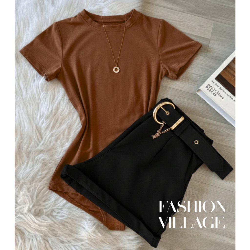 Conjunto2 Um body + Short PRETO + Cinto MEIA LUA com cinto Inspiração Moda Blogueira Tendencia 2028