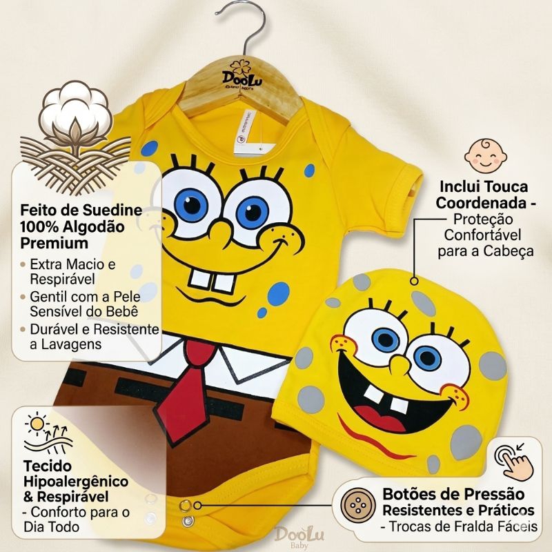 Body de Bebê Bob Esponja + Touca - Body Mêsversario Temático