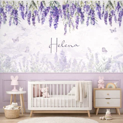 Papel de Parede Adesivo Jardim com Lavanda e Boiserie Lilás Nome Personalizado