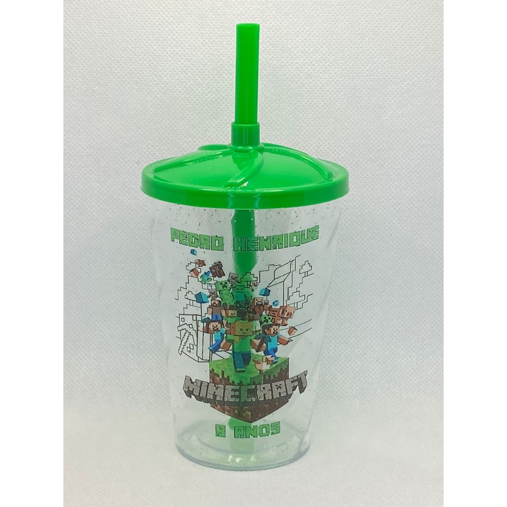 Kit Copo Twister com Glitter 300ml Com Tampa Personalizado Minecraft