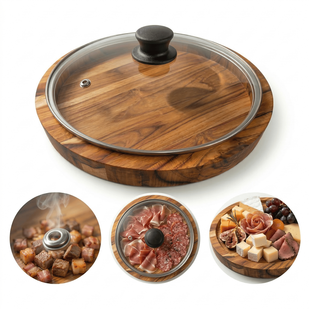 Gamela Redonda de 30cm com Tampa de Vidro Madeira Teca Nobre Churrasco Tabua Tábua Carne P...