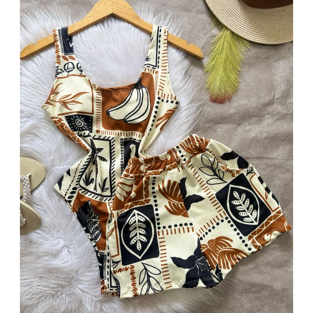Conjunto Body Maio Suplex Feminino Estampado Short Cintura Alta Verao Tendencia Moda Blogueira