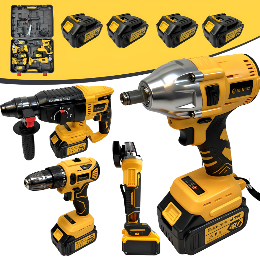 Kit Ferramentas 4 em 1 Com 4 Bateria 48V Profissional: Furadeira, Parafusadeira, Impacto, Esmerilhadeira