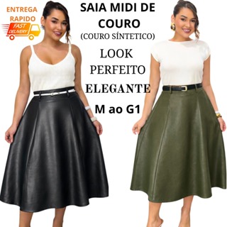 Saia Couro Feminina Sintético Moderna Cintura Alta Look Fashion M ao G1 em Oferta na Shopee