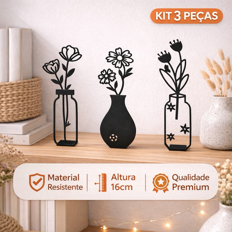 Kit 3 Vasos Decorativos Modernos de Mesa Decoração Minimalista para Sala, Estante e Escritório