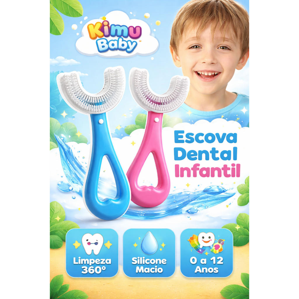 Escova de Dentes Infantil U 360° com Limpeza Completa em 360°