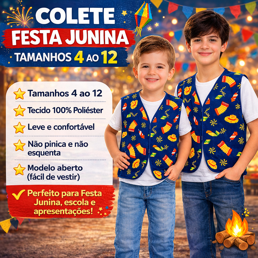 COLETE FESTA JUNINA INFANTIL MENINO SÃO JOÃO ARRAIÁ FOGUEIRA QUADRILHA