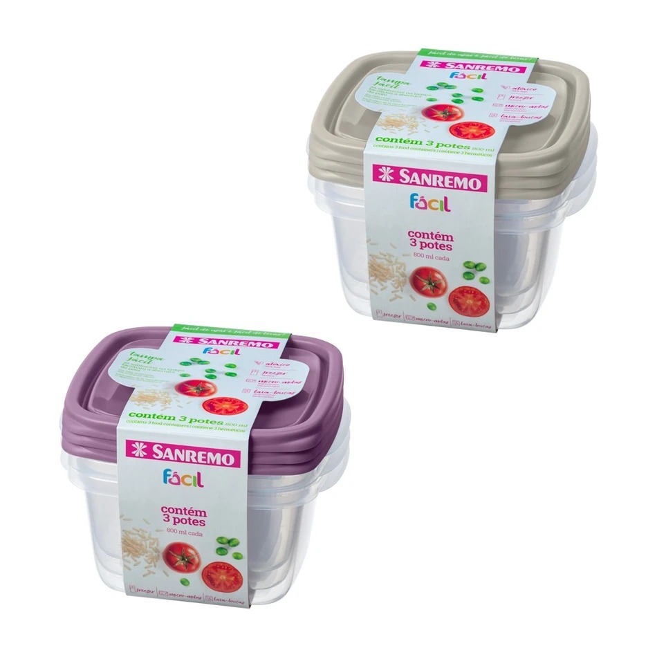 Kit 3 Potes de Plástico Hermético 800mL Sanremo Conjunto de Vasilha Marmita Fitness Porta Mantimentos