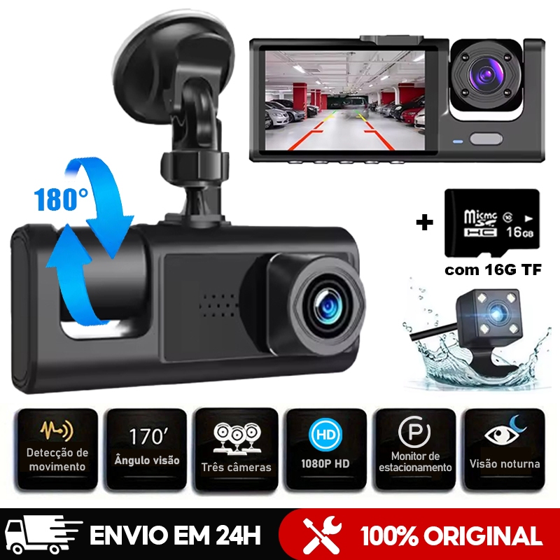 Câmera Traço Para Carro 1080P HD Dash Cam 3 Câmera 24H Monitor de Estacionamento dvr 360° Com 16G TF