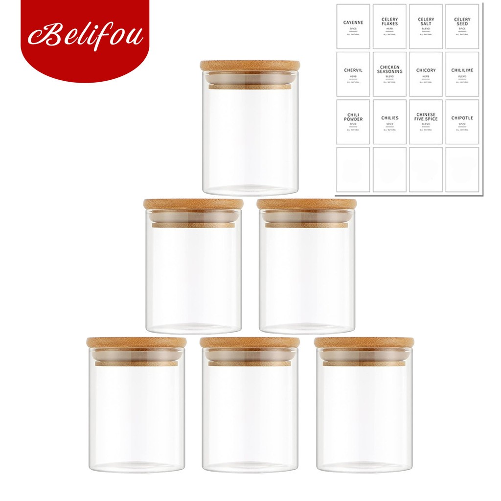 Belifou Kit 6 Pote hermético  200ML Pote De Vidro com Tampa bambu pote de mantimentos para cozinha