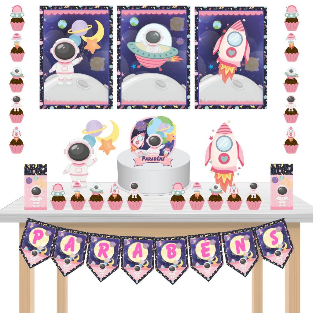 KIT festa - Kit só um Bolinho Astronauta Rosa Aniversários Aniversário Mêsversários Mêsversário