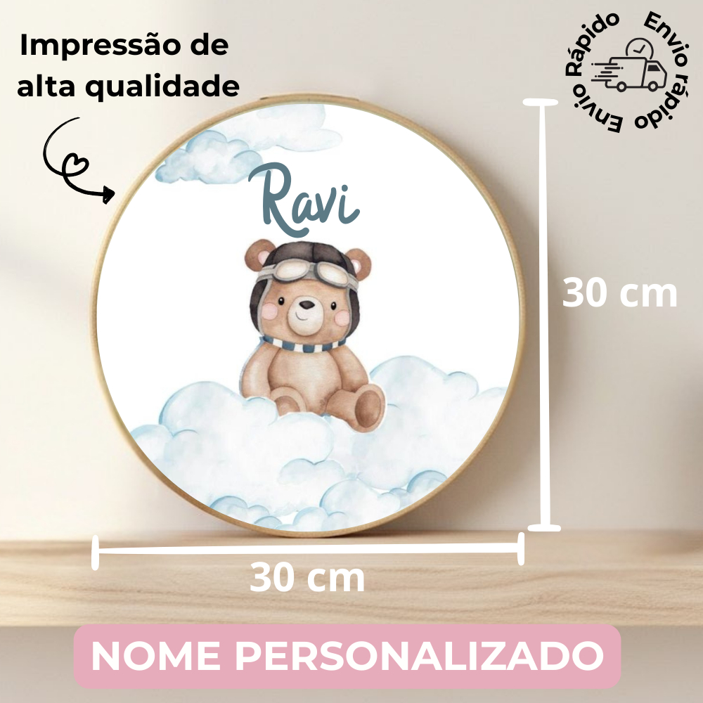 Porta Maternidade Ursinho Aviador Avião Bastidor 30cm Nome Personalizado Enfeite Quarto Bebê