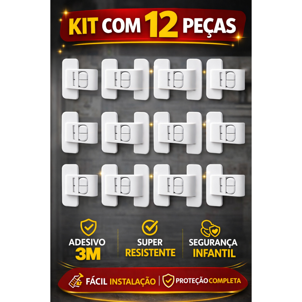 Kit 12 Trava Segurança Bebê Armário Geladeira Gaveta Adesivo Forte Fácil Instalar